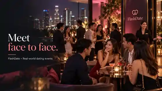 Promotional FlashDate nightlife concept focused on adults having a face-to-face conversation at an evening social event.
